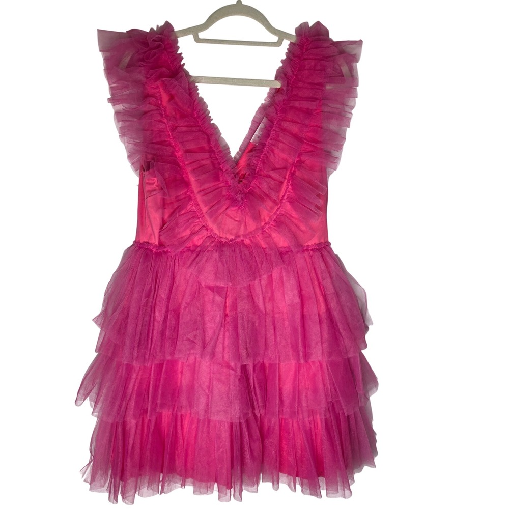 MABLE Hot Pink Tulle Tiered Ruffle V-Neck Mini Dress XL Barbiecore MD3257_VC